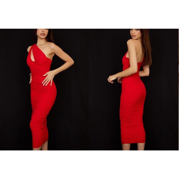 House of CB Valentina Scarlet Asymmetric Cutout Midi Dress Size XS - Picture 9 of 9